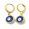 Real 18K Gold Plated Brass Dangle Leverback Earrings, with Enamel, Evil Eye, Blue, 26.5x11mm