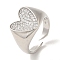 Rack Plating Brass Micro Pave Cubic Zirconia Cuff Rings, Long-Lasting Plated, Lead Free & Cadmium Free, Heart, Platinum, Adjustable