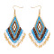 Bohemian Handmade Glass Seed Beads Tassel Dangle Earrings, Golden, Rhombus, Blue, 100x52mm