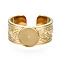 304 Stainless Steel Open Cuff Finger Ring Cabochon Settings, Flat Round, Real 14K Gold Plated, US Size 7 1/4(17.5mm), Tray: 8mm