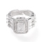 Adjustable Brass Micro Pave Clear Cubic Zirconia Cuff Rings, Open Rings, Long-Lasting Plated, Rectangle, Platinum, US Size 7 1/4(17.5mm)