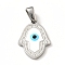 304 Stainless Steel Pendants, with Enamel, Hamsa Hand with Evil Eye, Stainless Steel Color, 18x13x2mm, Hole: 4.5x2.5mm