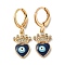 Real 18K Gold Plated Brass Dangle Leverback Earrings, with Enamel and Cubic Zirconia, Heart with Evil Eye, Medium Blue, 30x11mm