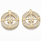 Brass Micro Pave Cubic Zirconia Pendants, Nickel Free, Flat Round with Four Cardinal Directions, Clear, Real 18K Gold Plated, 21.5x19x2.5mm, Hole: 1.2mm