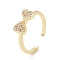 Clear Cubic Zirconia Heart Bowknot Open Cuff Ring, Brass Jewelry for Women, Cadmium Free & Lead Free, Golden, Inner Diameter: 17mm