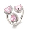 Pink Cubic Zirconia Triple Heart Open Cuff Ring, Rack Plating Brass Wide Ring for Women, Cadmium Free & Lead Free, Platinum, US Size 7 1/4(17.5mm)