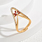 Brass Micro Pave Cubic Zirconia Finger Rings for Women, V-shaped with Flower, Red, 25mm, Inner Diameter: 16mm~18mm