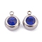 201 Stainless Steel Rhinestone Charms, Birthstone Charms, Flat Round, Stainless Steel Color, Sapphire, 13x10x6mm, Hole: 1.8mm