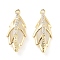 Brass with Glass Pendants, Leaf Charms, Light Gold, 22x9x5mm, Hole: 1.2mm