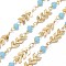 Handmade Brass Cobs Chains, with Faceted Glass Round Beads and Spool, Soldered, Long-Lasting Plated, Real 18K Gold Plated, Light Sky Blue, 7x6x1.6mm, about 32.8 Feet(10m)/roll
