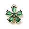 Brass Pave Glass Flower Connector Charms, Cadmium Free & Nickel Free & Lead Free, Real 18K Gold Plated, Green, 13.5x12x4mm, Hole: 1.4mm and 1.2mm