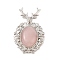 Natural Rose Quartz Pendants, with Platinum Tone Alloy Findings, Deer Charms, 56x33x4mm, Hole: 5x8mm