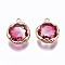 Two-Tone Faceted Glass Charms, with Brass Prong Settings, Flat Round, Light Gold, Hot Pink, 14x12x4.5mm, Hole: 1mm