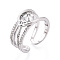 Brass Micro Pave Clear Cubic Zirconia Cuff Ring Settings, for Half Drilled Beads, Cadmium Free & Nickel Free & Lead Free, Real Platinum Plated, Pin: 0.9mm, 10.9mm, Inner Diameter: Adjustable