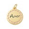 Brass Enamel Pendants, with Jump Ring, Rack Plating, Cadmium Free & Lead Free, Long-Lasting Plated, Real 18K Gold Plated, Flat Round with Word Amor, Misty Rose, 20.5x15x2mm, Hole: 3mm
