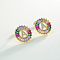 Brass Colorful Cubic Zirconia Stud Earrings, Flat Round, Golden, Letter A, 16x16mm