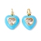 Rack Plating Brass Clear Cubic Zirconia Charms, with Enamel, Cadmium Free & Lead Free, Real 18K Gold Plated, Heart, Blue, 14x12x4mm, Jump Ring: 6x1mm, 4mm iner Diameter
