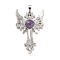 Natural Amethyst Big Pendants, Cross with Wing Charms, with Platinum Plated Brass Findings, 52.5x32x7~7.5mm, Hole: 4x8mm & 2mm