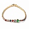 Brass Micro Pave Cubic Zirconia Chain Bracelets with Fold Over Clasps, Heart, Colorful, 7-1/4x1/8 inch(18.5x0.3cm)