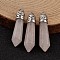Bullet Natural Rose Quartz Pointed Pendants, with Platinum Tone Alloy Findings, 33~40x8~10mm, Hole: 3x2mm