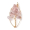 Natural Rose Quartz Chip Pendants, Golden Plated Brass Leaf Charms, 35~37x17~19x4.5~6.5mm, Hole: 3.3mm
