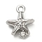 Alloy Rhinestone Pendants, Starfish Charms, Platinum, 15x12x4.5mm, Hole: 1.6mm