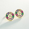 Brass Colorful Cubic Zirconia Stud Earrings, Flat Round, Golden, Letter K, 16x16mm