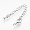 Brass Chain Extender, with 304 Stainless Steel Lobster Claw Clasps, Cadmium Free & Lead Free, Long-Lasting Plated, teardrop, Platinum, 68~73x3mm, Hole: 2.5mm, Clasps: 10x6x3mm
