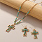 Cross Zinc Alloy Glass Pendant Necklaces & Dangle Earrings, Golden, Medium Turquoise,  540~610mm