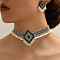 Rhombus Alloy Rhinestone Choker Necklace & Earrings Sets for Women, with Plastic Imitation Pearl, Antique Silver, Dark Green, Necklaces: 320~420mm; Earring: 45mm