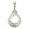 925 Sterling Silver Pendant Cabochon Settings, Prong Settings, with Cubic Zirconia, Rhinestone Claw Settings, Prong Settings, Teardrop, Real Platinum Plated, 25x14.5x6mm, Hole: 3x3.5mm, Tray: 11x7mm