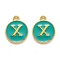 Golden Plated Alloy Enamel Charms, Enamelled Sequins, Flat Round with Alphabet, Letter.X, Green, 14x12x2mm, Hole: 1.5mm