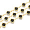 Brass Rhombus Link Chains, with Glass, Soldered, with Spool, Long-Lasting Plated, Golden, Black, 15x9x2.5~3mm, about 32.81 Feet(10m)/Roll