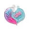 Gradient Color Translucent Resin Pendants, with Glitter Powder, Couple Heart Charm with Word LOVE YOU, Deep Pink, 39x38.5x5.5mm, Hole: 3.5mm, 2pcs/set