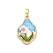 Brass Enamel Pendants, with Resin, Cadmium Free & Nickel Free & Lead Free, Irregular Oval with Flower Charms, Real 18K Gold Plated, 24x14x4mm, Hole: 4x2mm