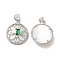 Brass Emerald Rhinestone Pendants, Flat Round Charms with Natural Shell, Platinum, 21x18x6.4mm, Hole: 1.4x3.5mm and 1.8x1.8mm