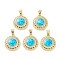Rack Plating Brass Micro Pave Cubic Zirconia Pendants, Synthetic Opal Flat Round Charms with Snap on Bail, Cadmium Free & Lead Free, Long-Lasting Plated, Real 18K Gold Plated, Cyan, 19x16x4mm, Hole: 5x3.5mm