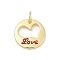 Brass Enamel Charms, with Jump Ring, Flat Round with Heart & Word Love Charms, Long-Lasting Plated, Lead Free & Cadmium Free, Rack Plating, Real 18K Gold Plated, 12.5x1.5mm, Hole: 3.5mm