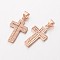 Cross Brass Micro Pave Cubic Zirconia Pendants, Lead Free & Nickel Free, Rose Gold, 21x12.5x1.5mm, Hole: 3x4mm