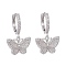 Brass Micro Pave Clear Cubic Zirconia Huggie Hoop Earrings, Long-Lasting Plated, Butterfly, Real Platinum Plated, 25mm, Pin: 1mm
