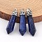 Dyed Bullet Natural Lapis Lazuli Pointed Pendants, with Platinum Tone Alloy Findings, 33~40x8~10mm, Hole: 3x2mm