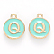 Golden Plated Alloy Enamel Charms, Cadmium Free & Lead Free, Enamelled Sequins, Flat Round with Letter, Turquoise, Letter.Q, 14x12x2mm, Hole: 1.5mm