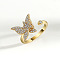 Brass Micro Pave Cubic Zirconia Rotating Cuff Rings for Women, for Calming Worry Meditation, Golden, Butterfly, Inner Diameter: 15~20mm