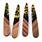 Opaque Resin & Walnut Wood Pendants, Teardrop Charms with Paillettes, Black, 44x7.5x3mm, Hole: 1.5mm