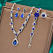 Fashionable Brass Rhinestone Bracelets & Earrings & Necklaces & Rings Sets, Teardrop, Sapphire, 320mm