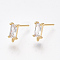 Brass Stud Earring Findings, Cubic Zirconia and Loop, Nickel Free, Real 18K Gold Plated, Rectangle, Clear, 8.5x4mm, Hole: 0.8mm, Pin: 0.8mm