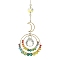 Wire Wrapped Glass & Brass Ring Pendant Decoration, with Round Glass and Moon Brass Charm, for Home Hanging Decoration, Colorful, 294mm, Hole: 8mm