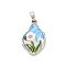 Brass Enamel Pendants, with Resin, Cadmium Free & Nickel Free & Lead Free, Irregular Oval with Flower Charms, Platinum, 24x14x4mm, Hole: 4x2mm