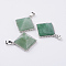 Natural Green Aventurine Pendants, with Brass Finding, Pyramid, Platinum, 28.5x32x13mm, Hole: 3.5x6mm