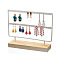 Double Levels Rectangle Iron Earring Display Stand, Jewelry Display Rack, with Wood Findings Foundation, White, 29.3x6.9x21.5cm